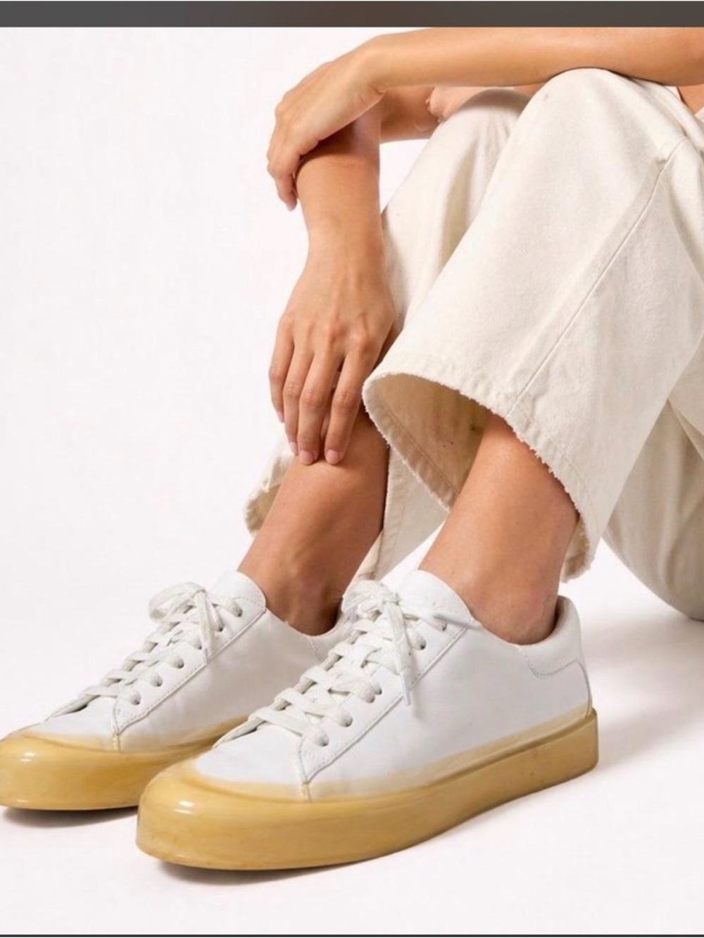 Vince White Leather Sneakers with Tan Gum Sole Gabi Dipped - Women's